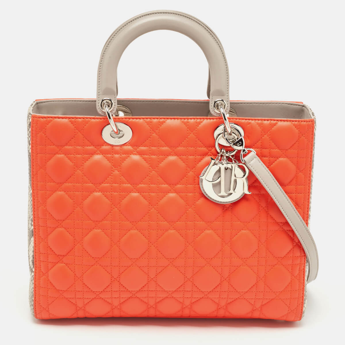 Dior Orange/Grey Cannage Leather and Python Large Lady Dior Tote
