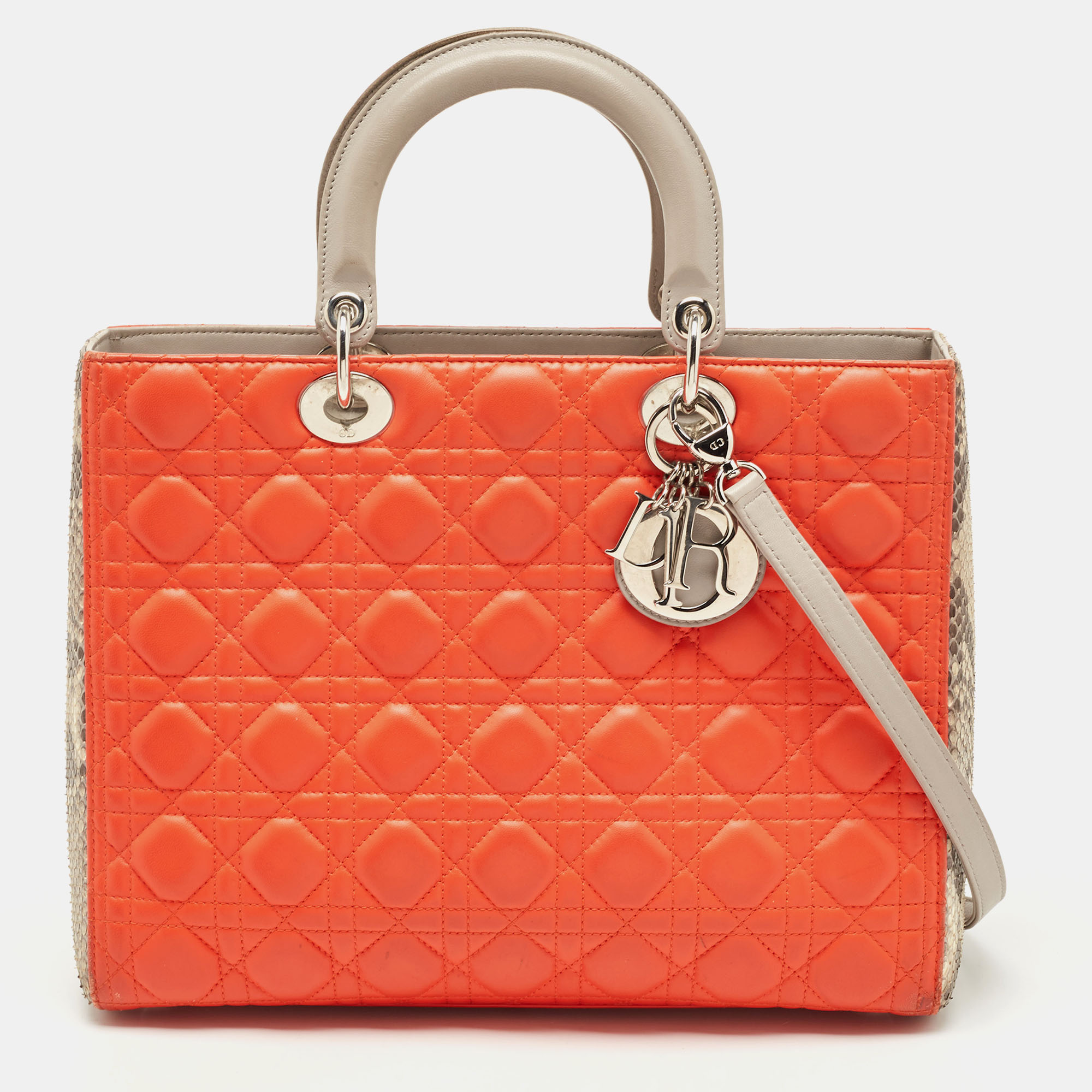 Dior Orange/Grey Quilted Leather And Python Large Lady Dior Tote