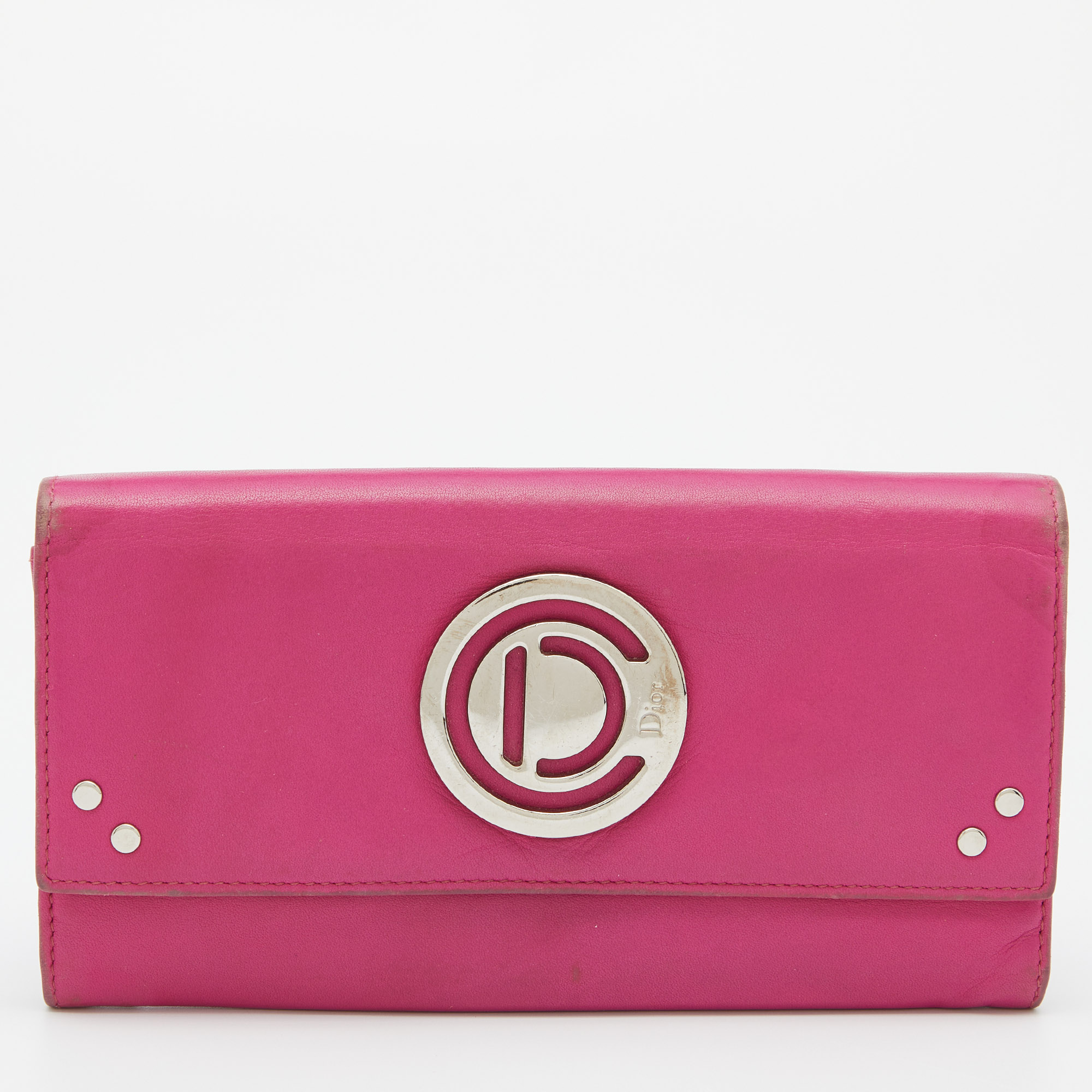 Dior Pink Leather Round Logo Flap Continental Wallet