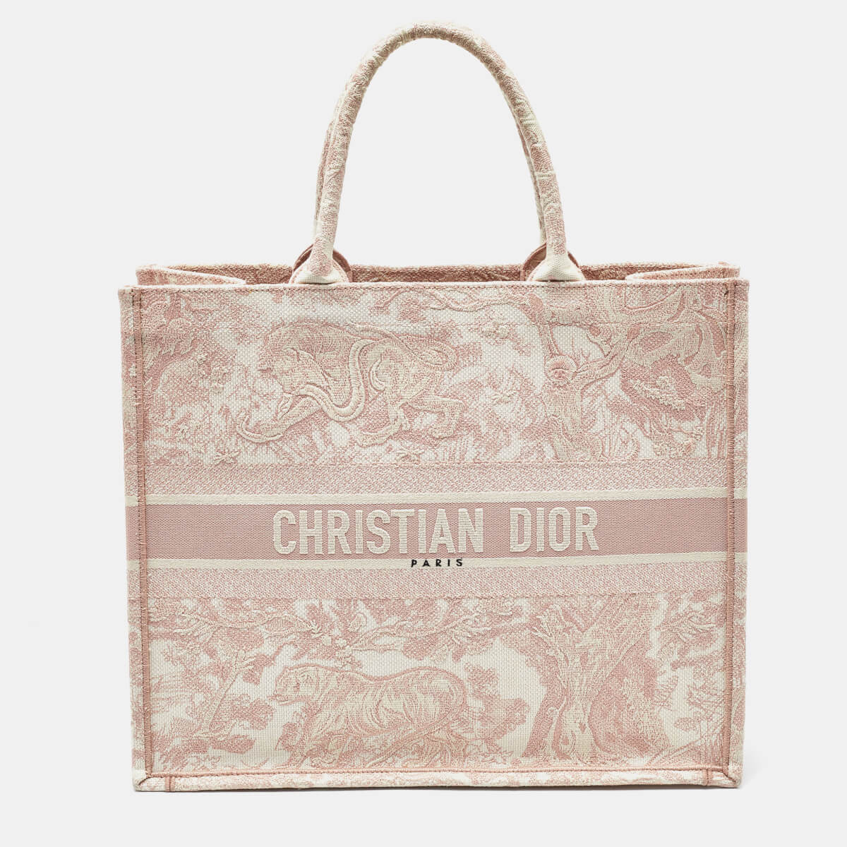 Dior Pink/White Embroidered Canvas Large Toile de Jouy Book Tote