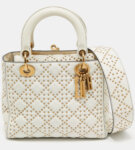 Dior White/Gold Leather Medium Studded Supple Lady Dior Tote