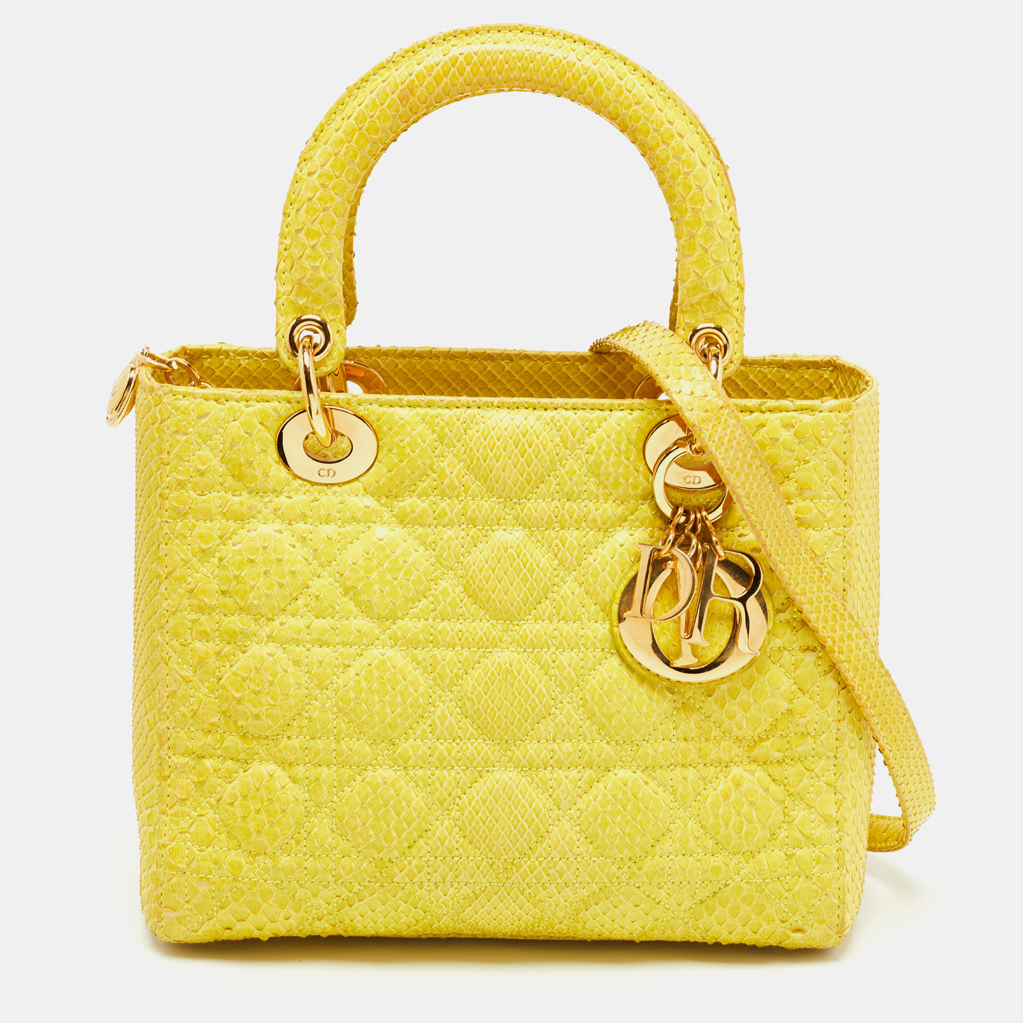 Dior Yellow Cannage Python Leather Medium Lady Dior Tote