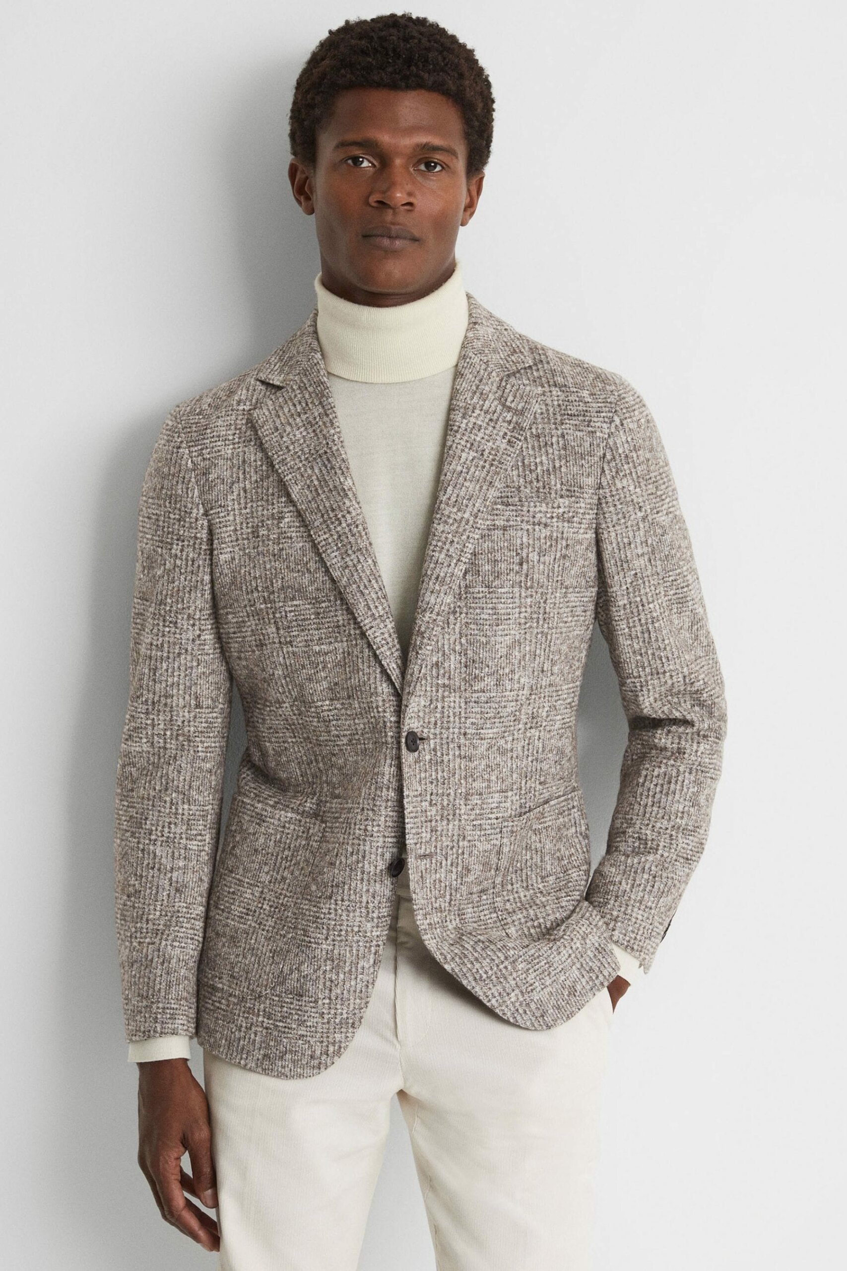 Feather - Grey Slim Fit Wool-Cotton Check Single Breasted Blazer