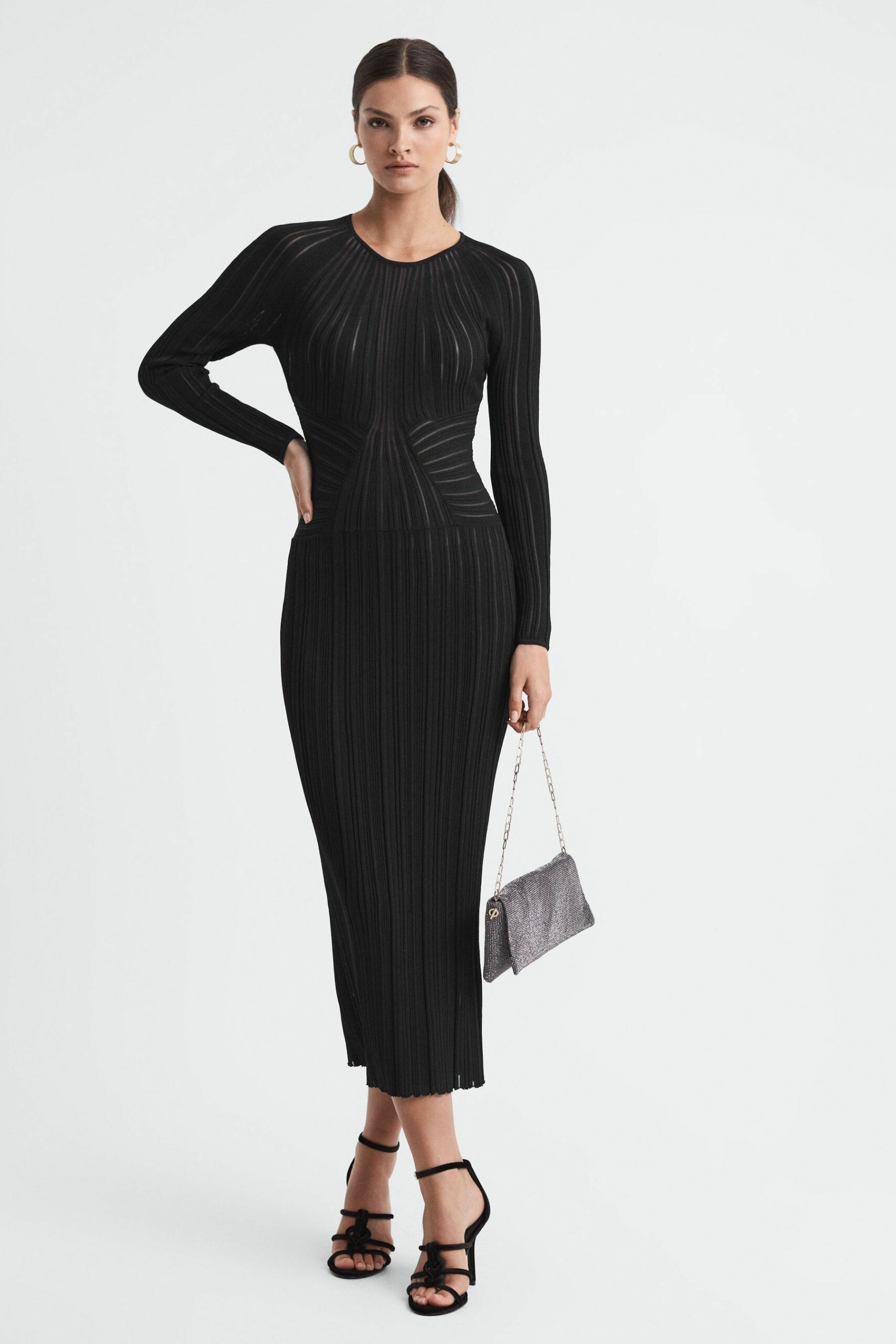 Ida - Black Sheer Striped Bodycon Midi Dress