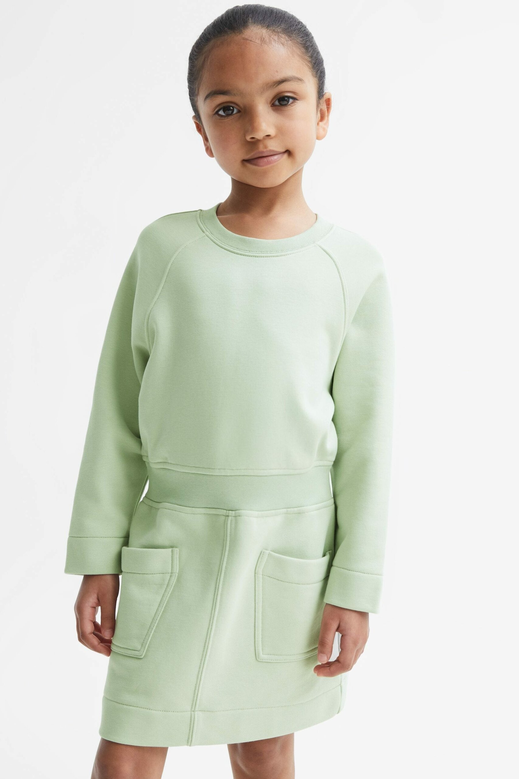 Janine Senior Sweatshirt Dress - Green Cotton Plain, Size: 11