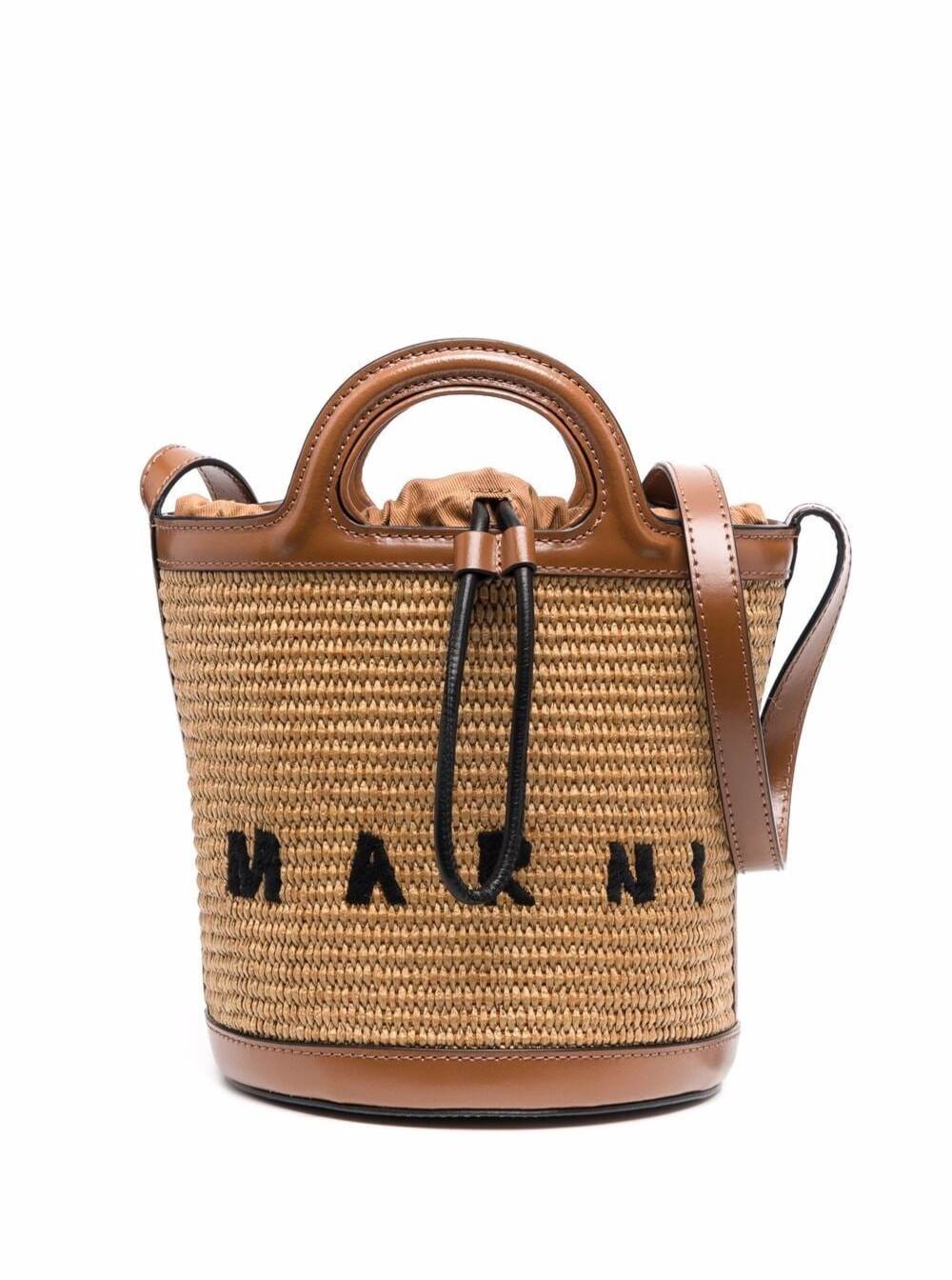 Marni Brown Mini Bucket Tropicalia Bag In Raffia Woman