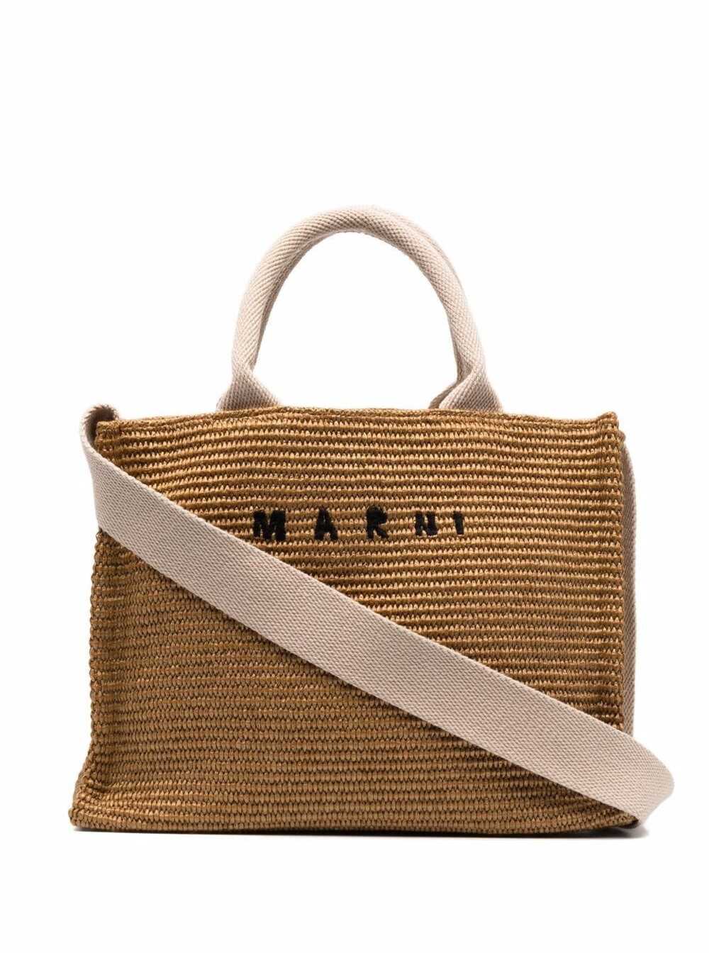 Marni Womans Beige Raffia Shopping Bag With Logo Print