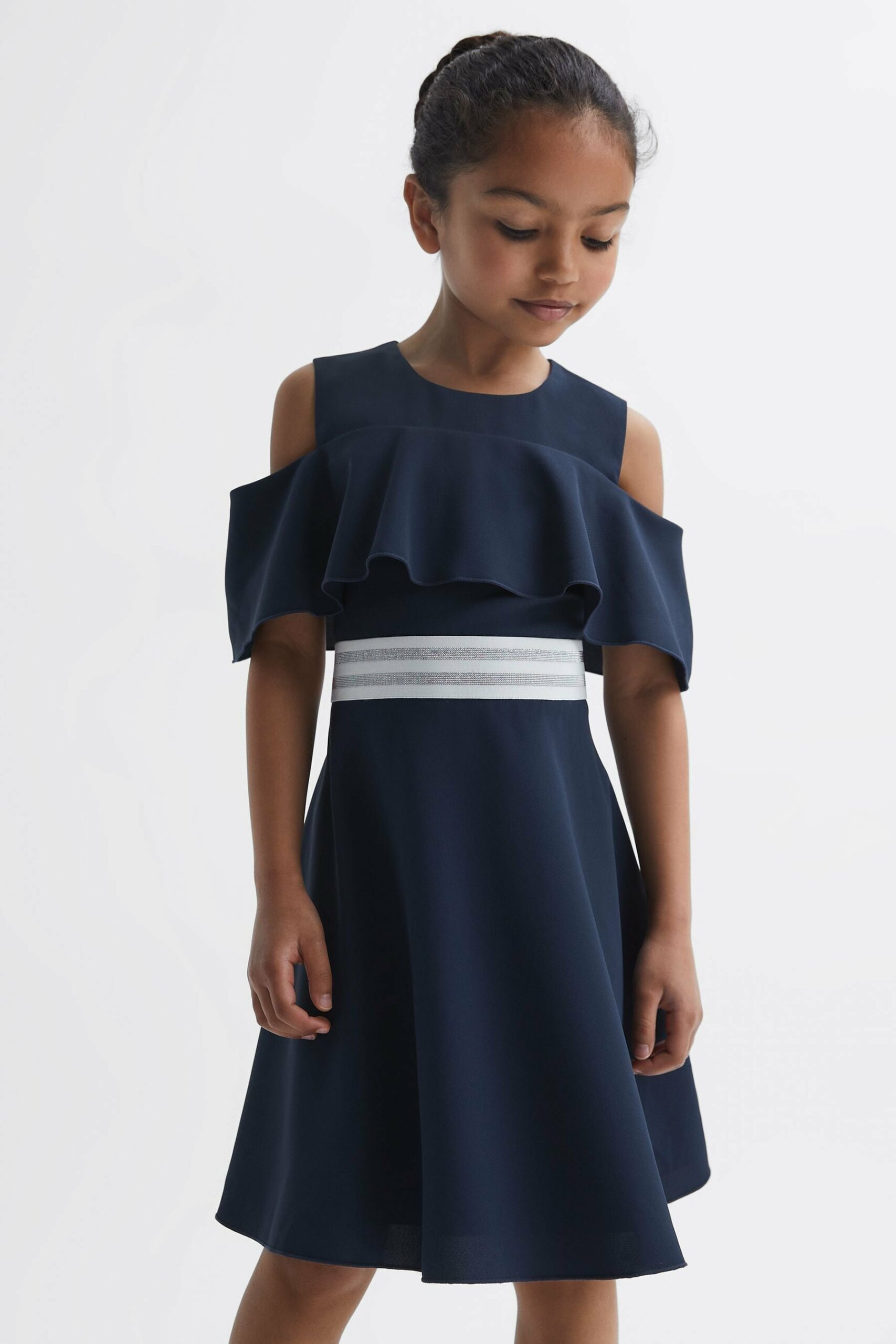 Paulina Navy Junior Off-The-Shoulder Dress - Blue Embellished, Size: 4