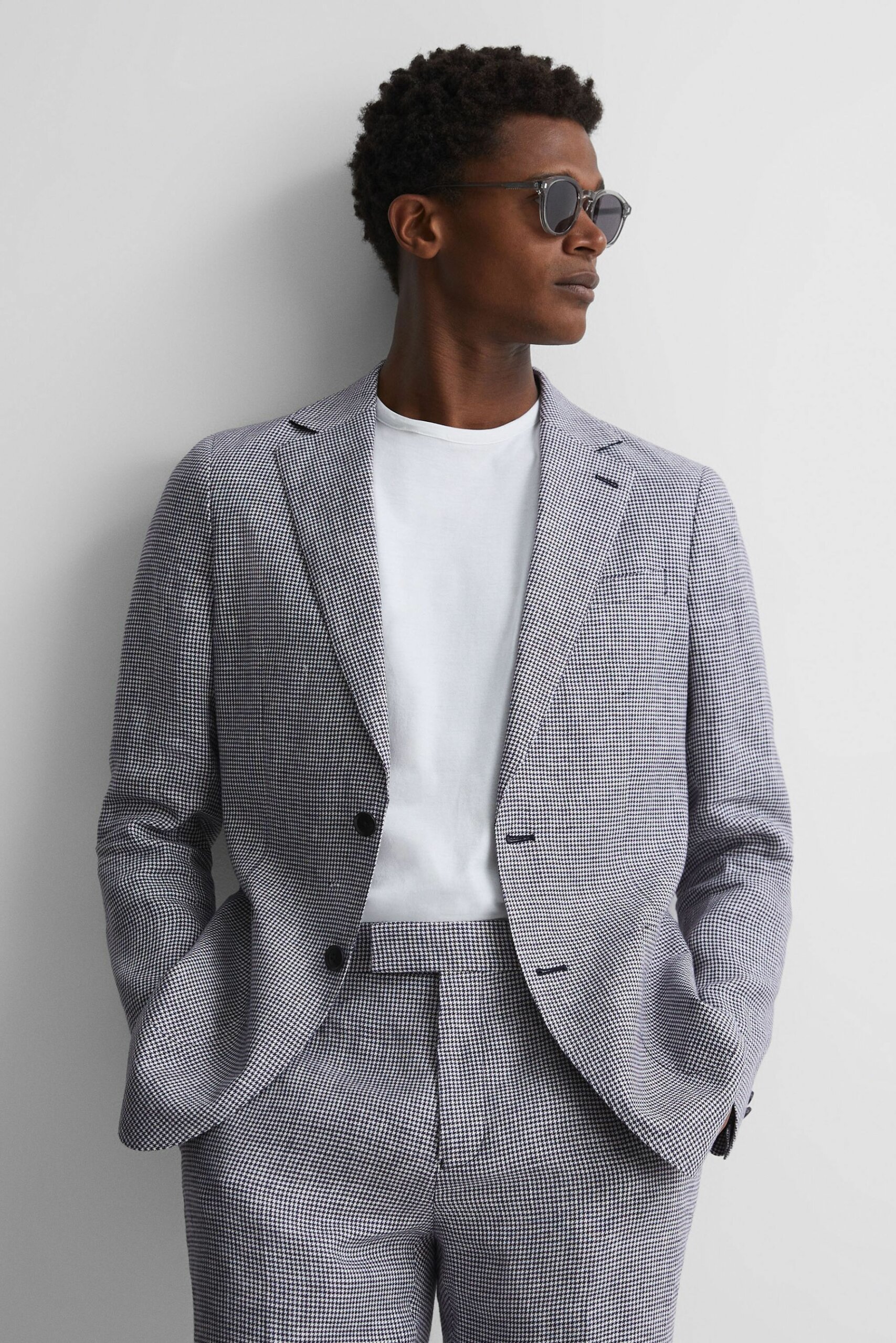 Squad - Navy Linen Single Breasted Dogtooth Blazer