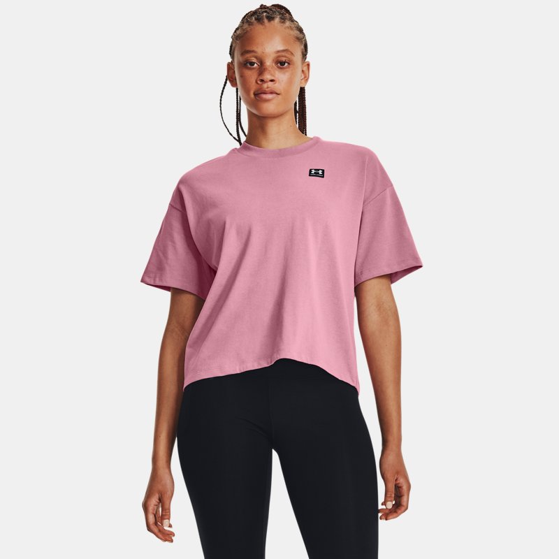 Women's Under Armour Logo LC Oversized Heavyweight Short Sleeve Pink Elixir / Black M
