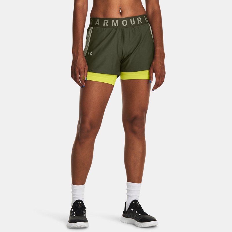 Women's Under Armour Play Up 2-in-1 Shorts Marine OD Green / Lime Yellow / Grove Green L