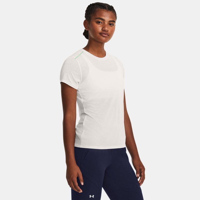 Women's Under Armour Run Anywhere Breeze Short Sleeve White Clay / Olive Tint / Reflective L