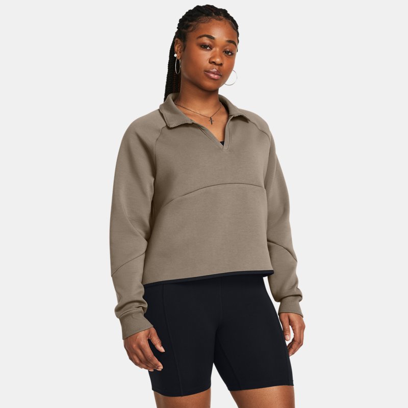Women's Under Armour Unstoppable Fleece Rugby Crop Taupe Dusk / Black L