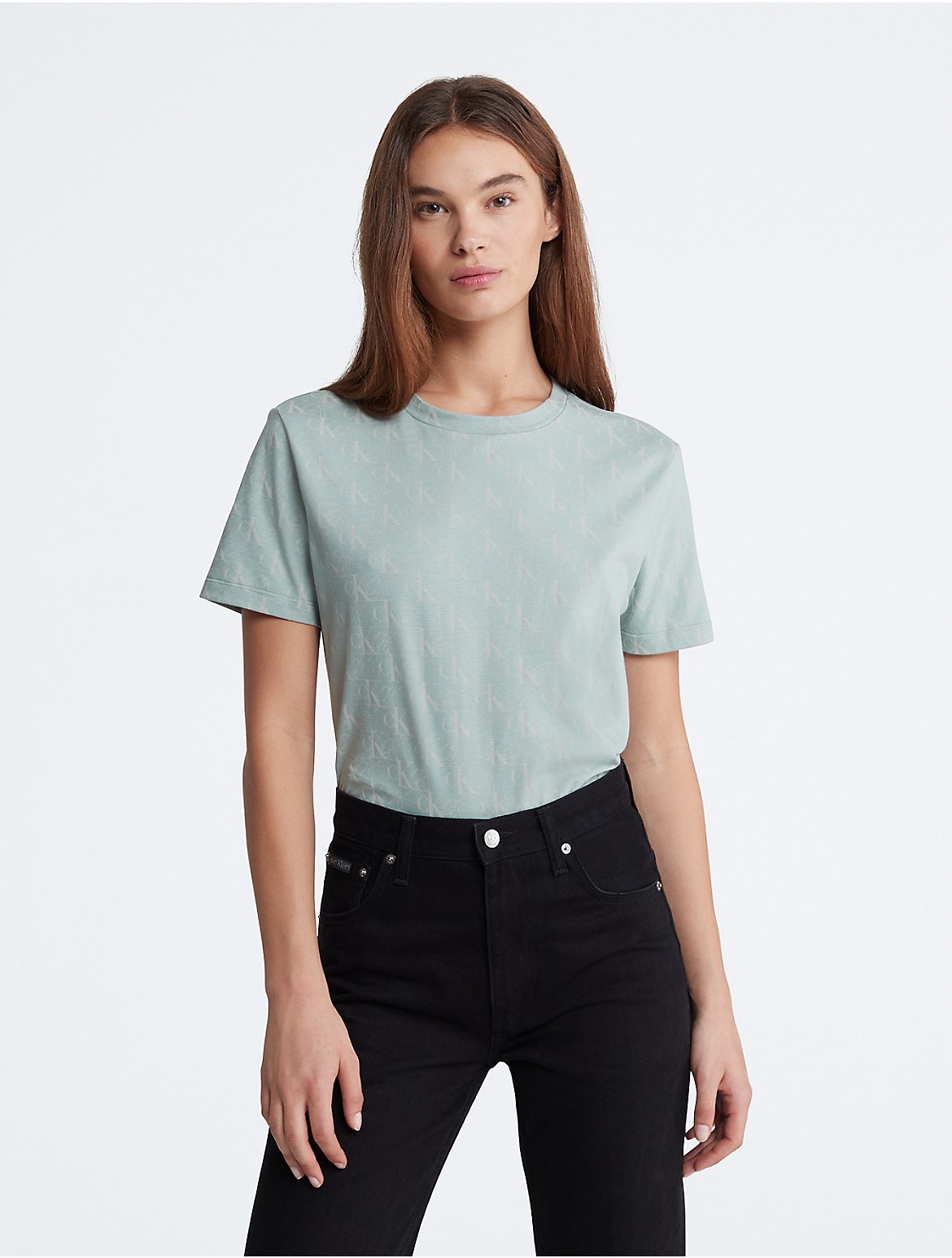 Calvin Klein Women's Allover Monogram Logo Crewneck T-Shirt - Green - XS