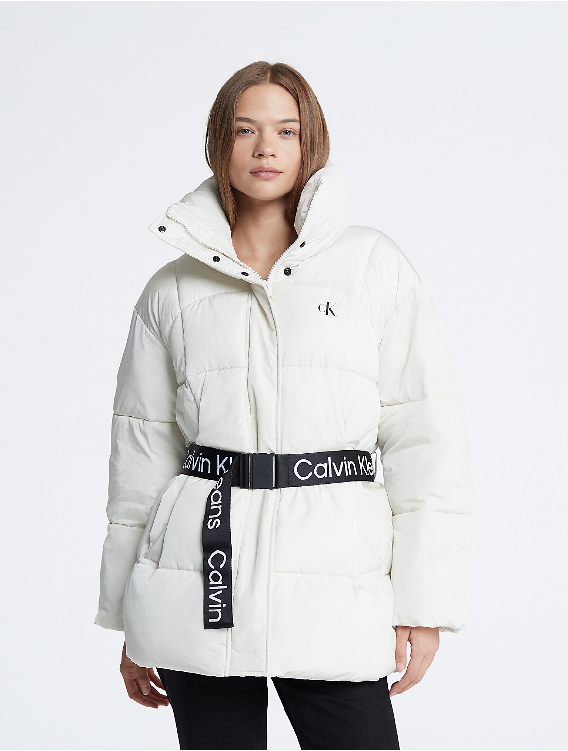 Calvin Klein Women's Belted Long Puffer Jacket - White - XL