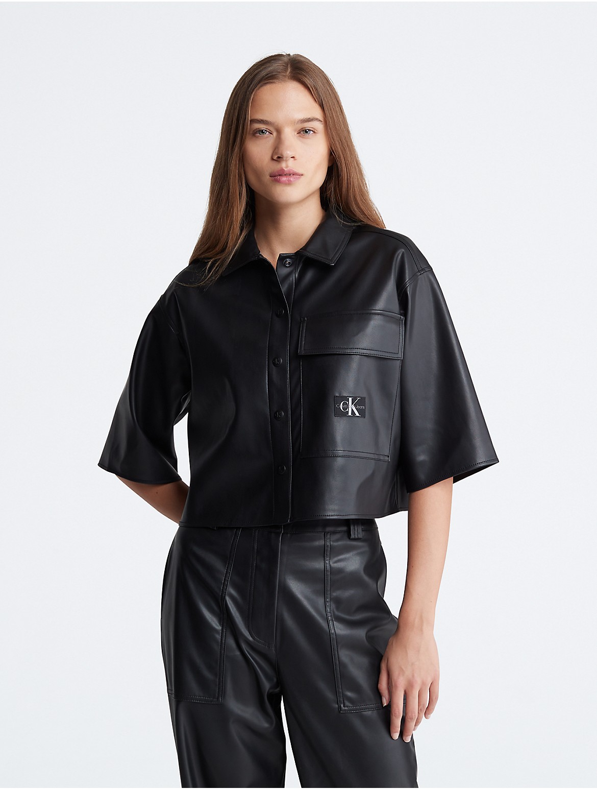 Calvin Klein Women's Boxy Cropped Faux Leather Button-Down Shirt - Black - XS