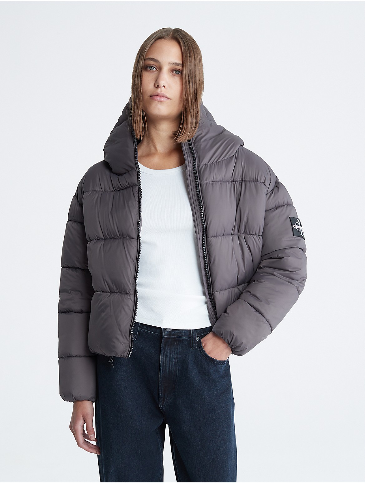 Calvin Klein Women's Boxy Hooded Puffer Jacket - Grey - XXL