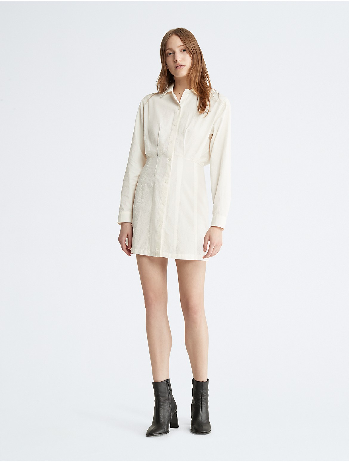 Calvin Klein Women's Button-Down Seersucker Shirt Dress - White - M