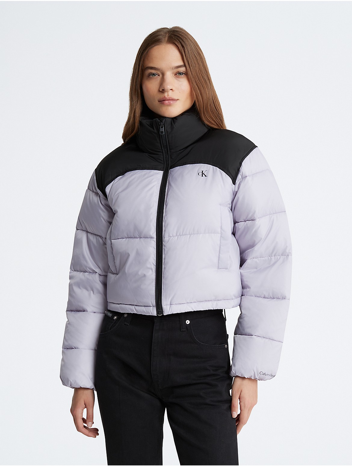Calvin Klein Women's Colorblock Cropped Puffer Jacket - Grey - XL