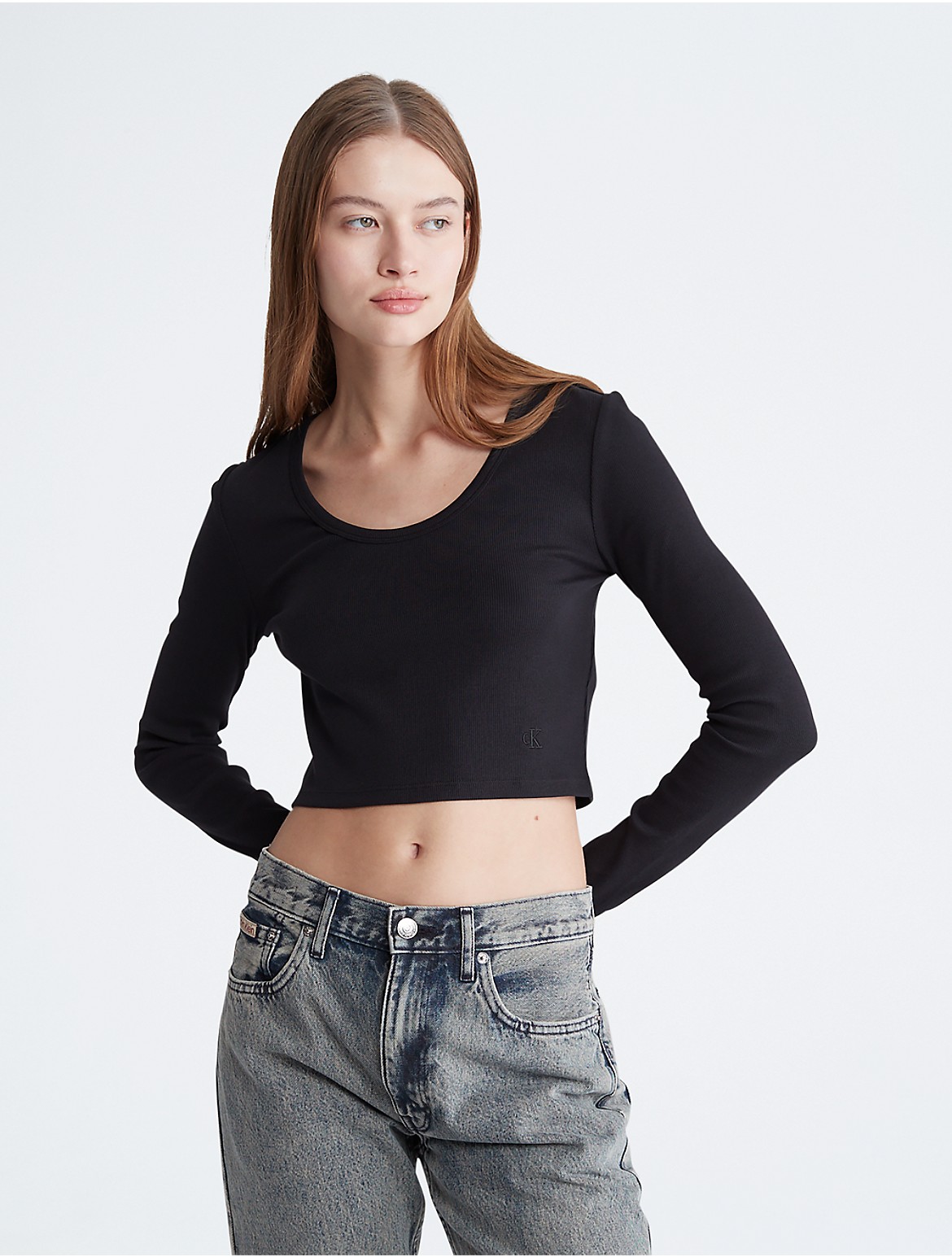 Calvin Klein Women's Contour Rib Cropped Long Sleeve T-Shirt - Black - XS