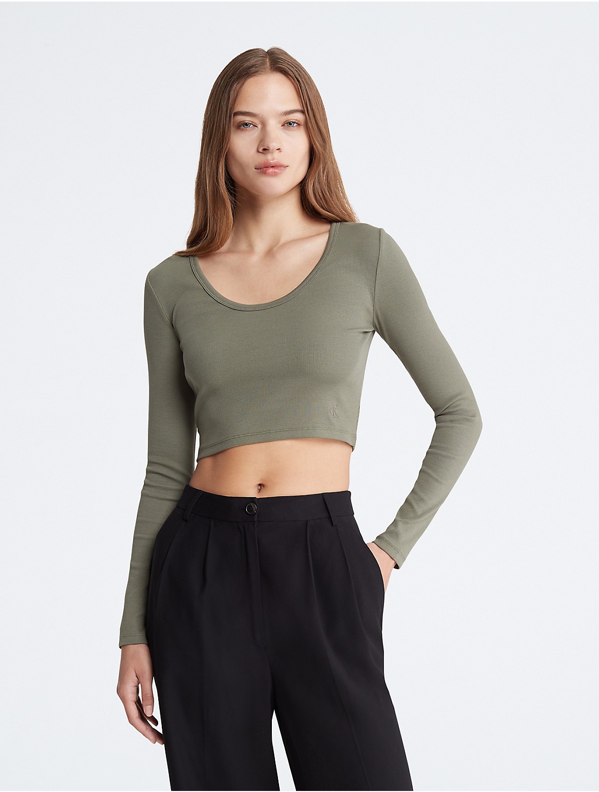 Calvin Klein Women's Contour Rib Cropped Long Sleeve T-Shirt - Green - XS