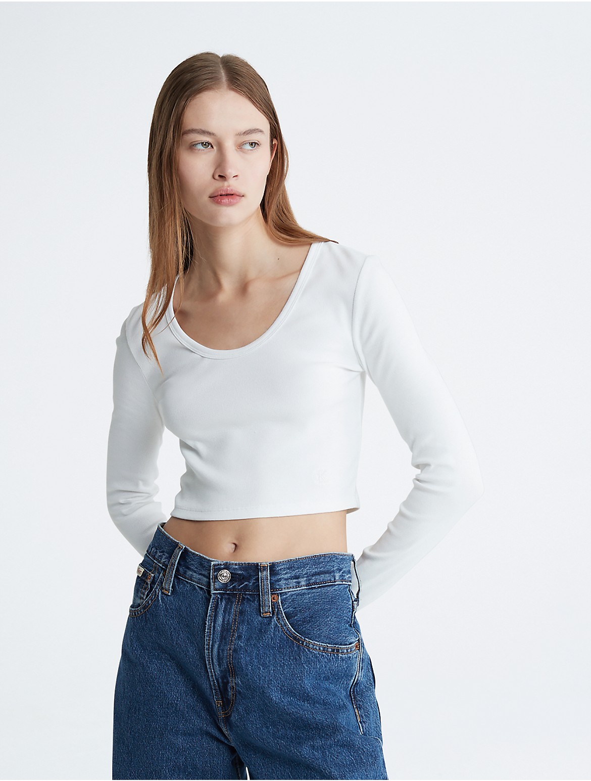 Calvin Klein Women's Contour Rib Cropped Long Sleeve T-Shirt - White - XS