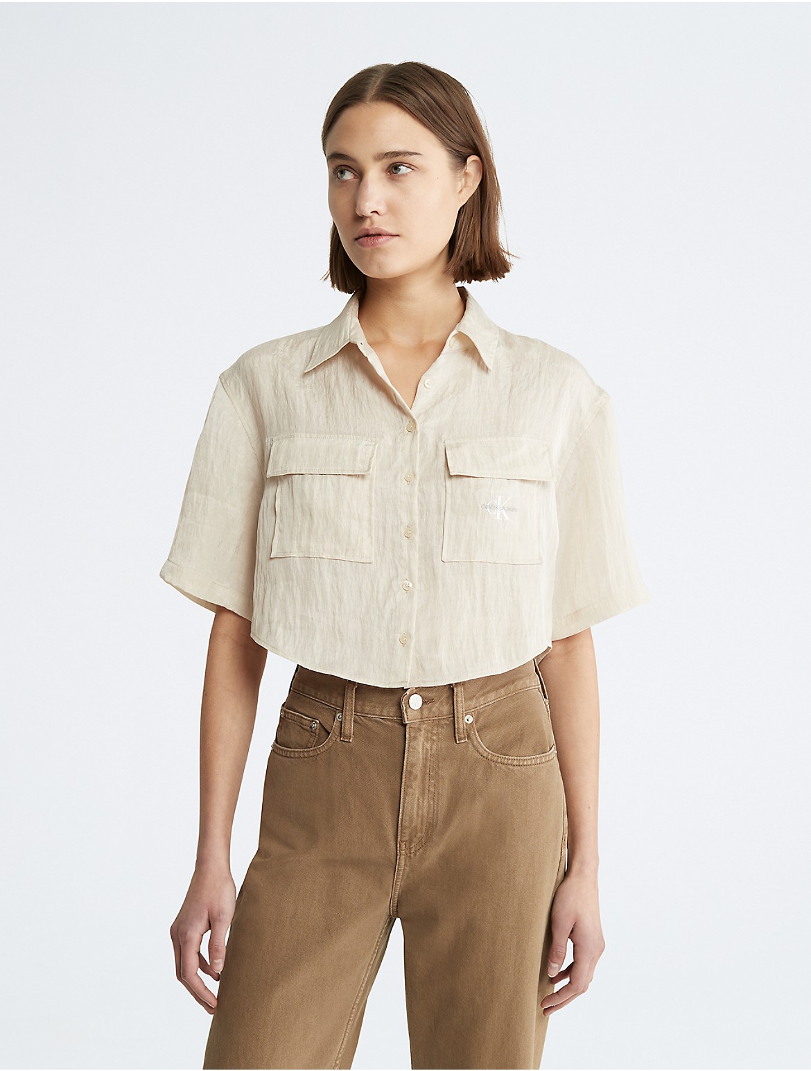 Calvin Klein Women's Cropped Relaxed Button-Down Shirt - Neutral - M
