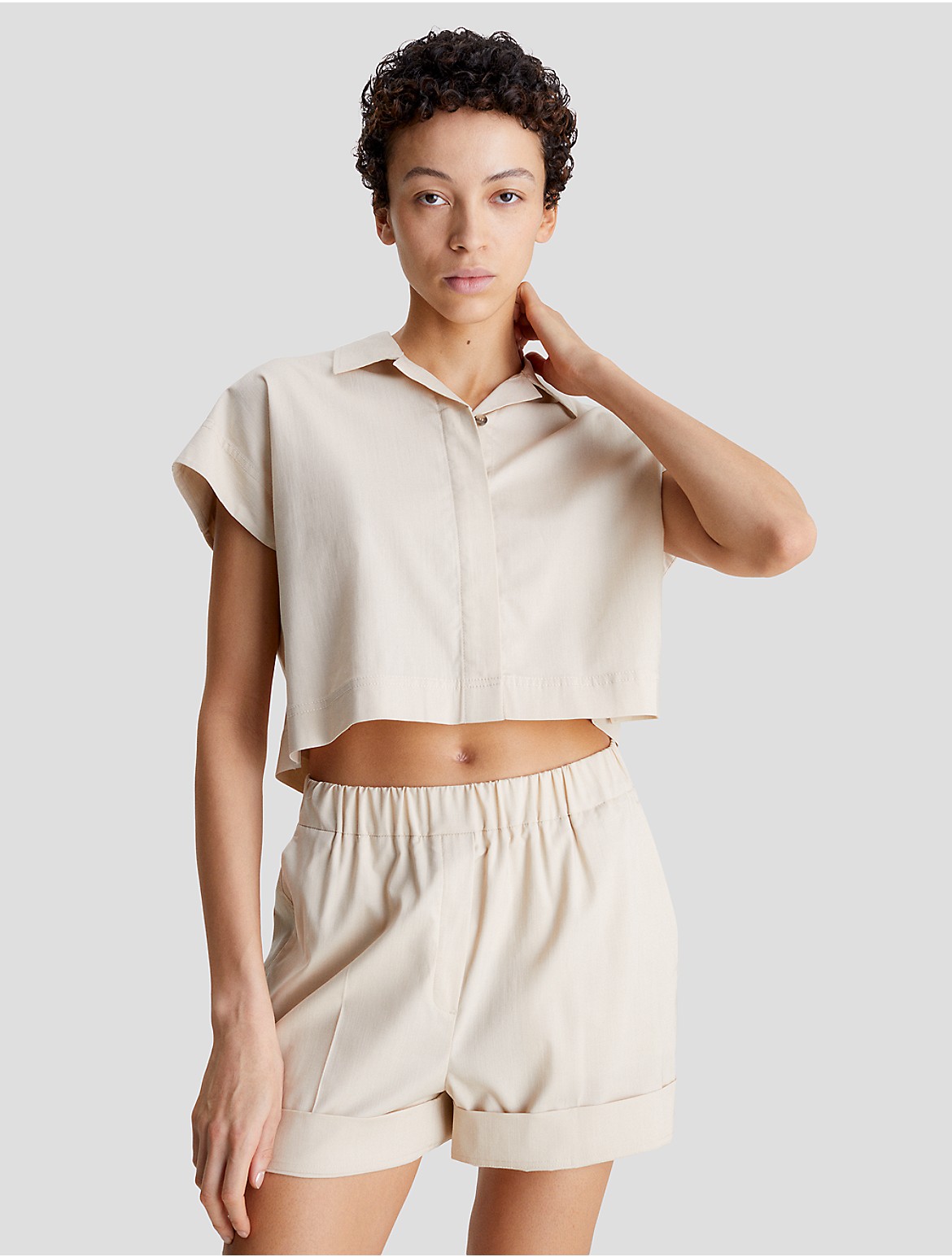 Calvin Klein Women's Cropped Tencel Button-Down Shirt - Neutral - 2