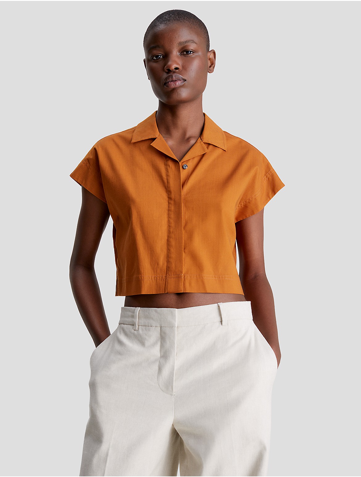 Calvin Klein Women's Cropped Tencel Button-Down Shirt - Orange - 2