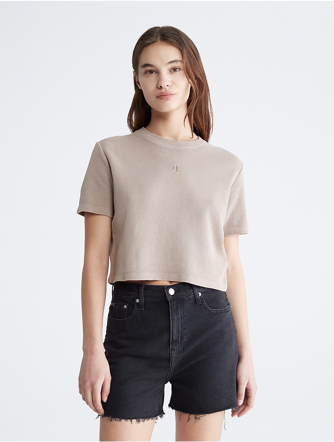 Calvin Klein Women's Cropped Waffle Knit T-Shirt - Brown - S