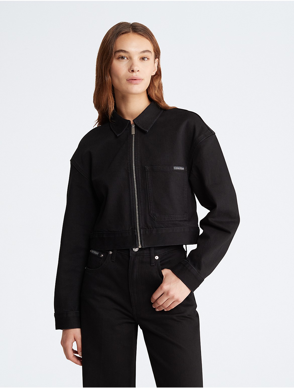 Calvin Klein Women's Cropped Zip Denim Jacket - Black - XS