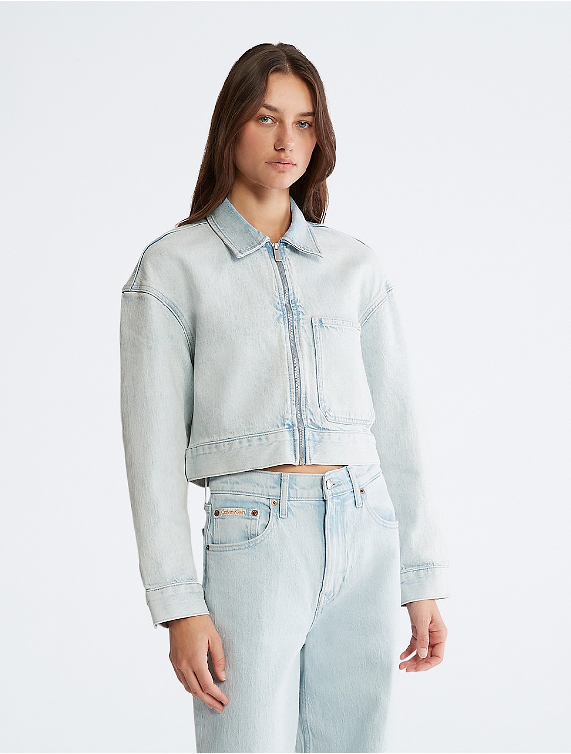 Calvin Klein Women's Cropped Zip Denim Jacket - Blue - XS