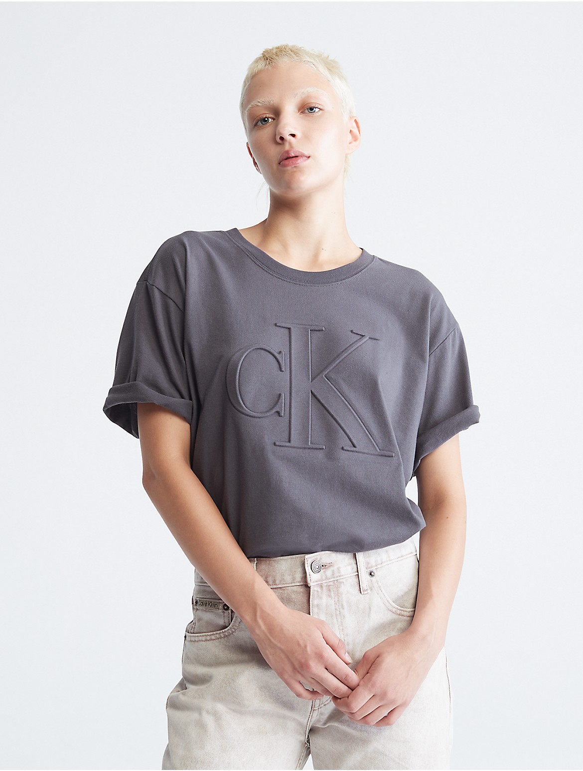 Calvin Klein Women's Embossed Logo Oversized T-Shirt - Grey - L