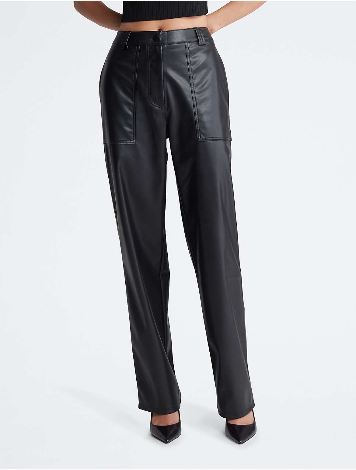 Calvin Klein Women's Faux Leather High Rise Straight Leg Pants - Black - XS