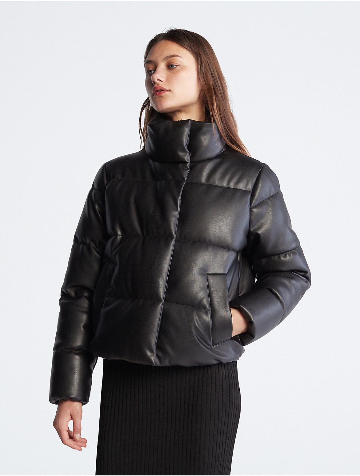Calvin Klein Women's Faux Leather Puffer Jacket - Black - XL
