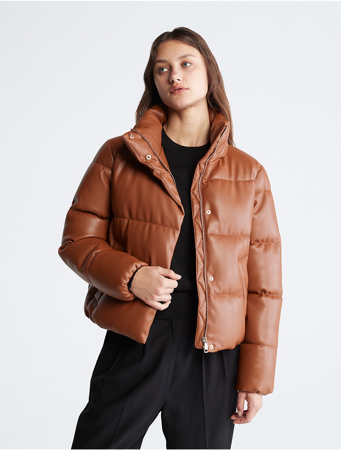 Calvin Klein Women's Faux Leather Puffer Jacket - Brown - XXL