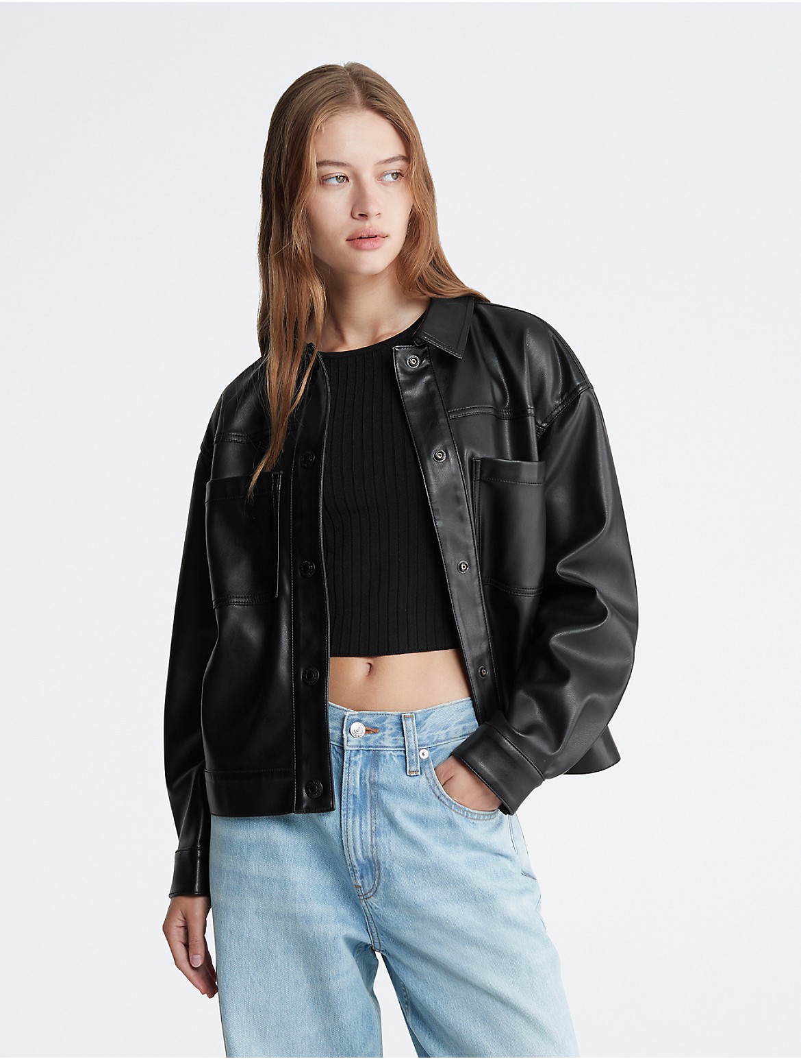 Calvin Klein Women's Faux Leather Relaxed Shirt Jacket - Black - XS