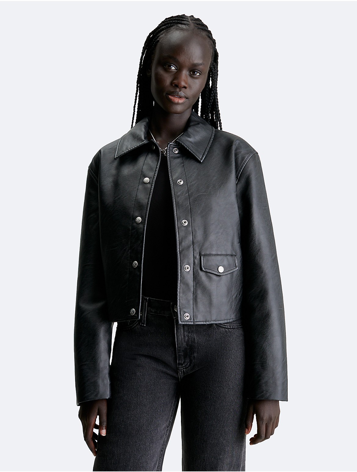 Calvin Klein Women's Faux Leather Shirt Jacket - Black - XXS