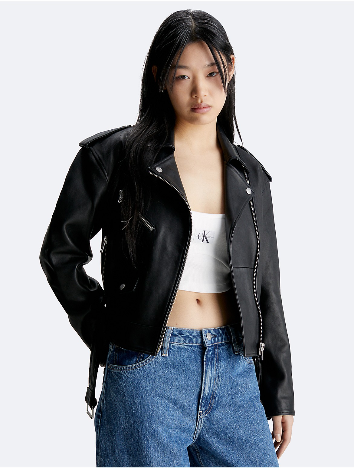 Calvin Klein Women's Leather Biker Jacket - Black - XS