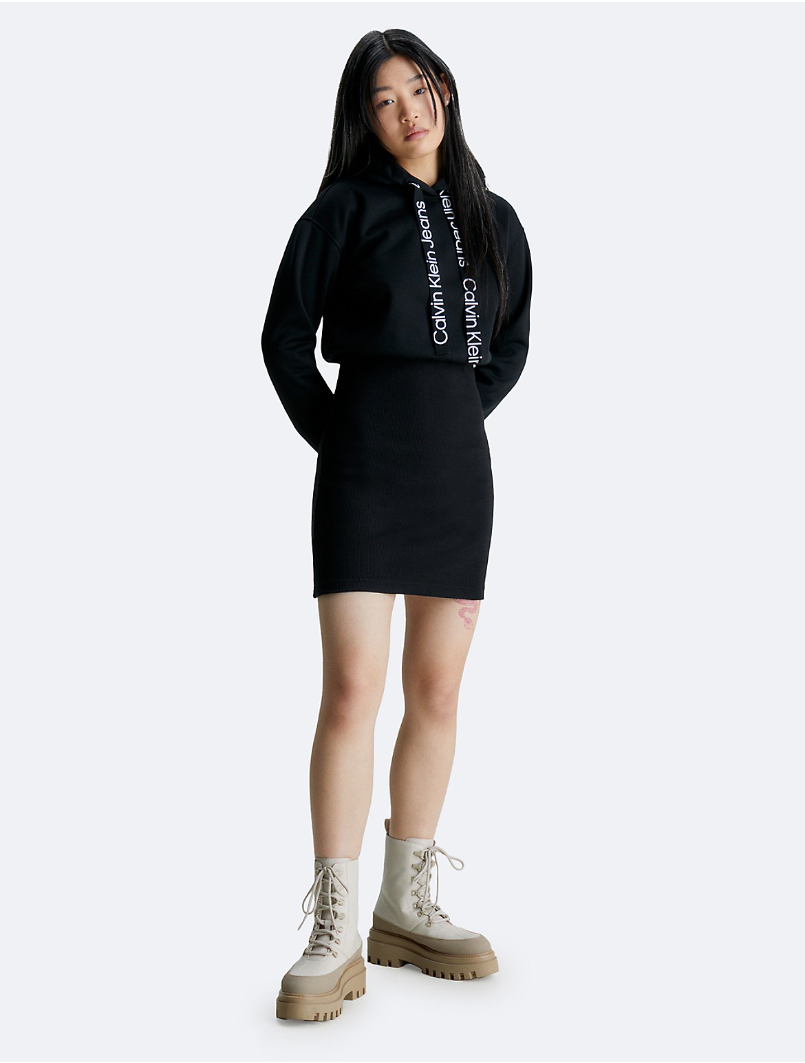 Calvin Klein Women's Logo Tape Hooded Sweatshirt Dress - Black - XXS