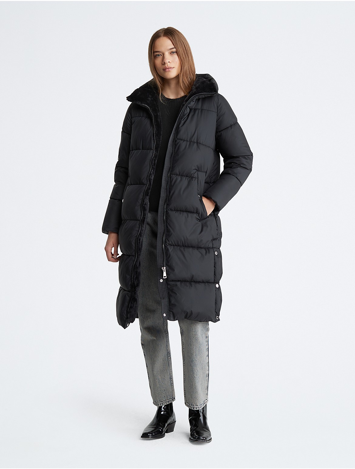 Calvin Klein Women's Long Faux Fur Puffer Coat - Black - XL