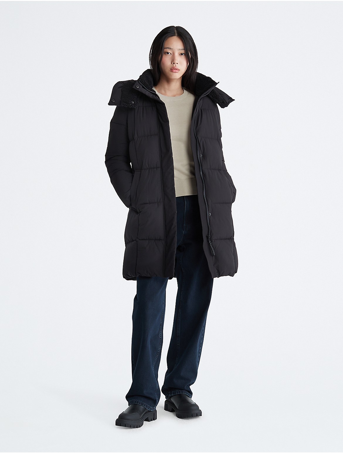 Calvin Klein Women's Long Stretch Puffer Jacket - Black - XL