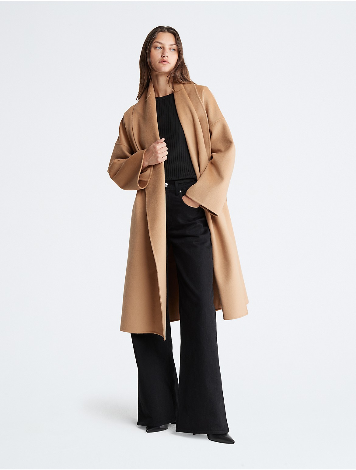 Calvin Klein Women's Long Wool Blend Wrap Coat - Brown - XS