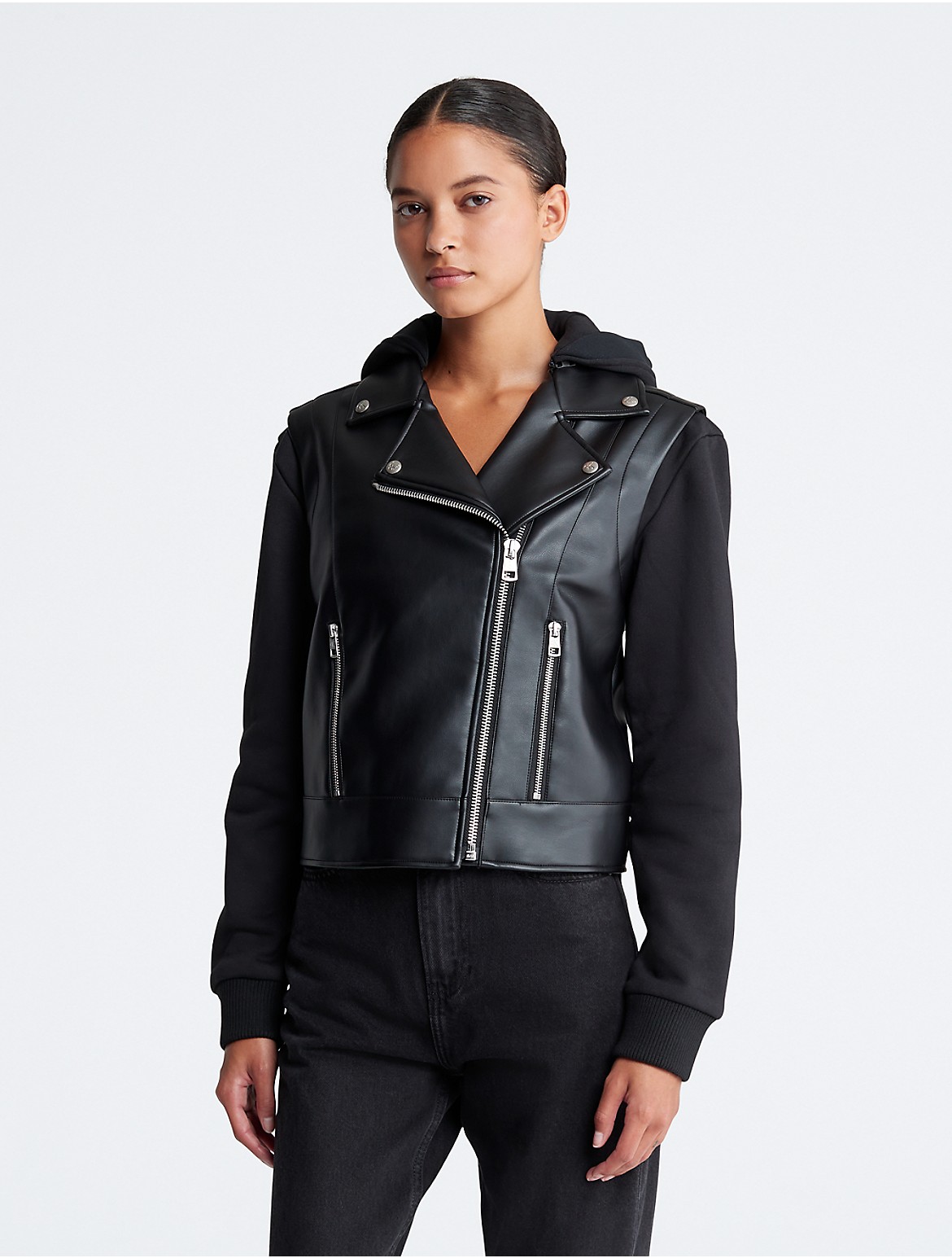 Calvin Klein Women's Mixed Media Faux Leather Biker Jacket - Black - XS