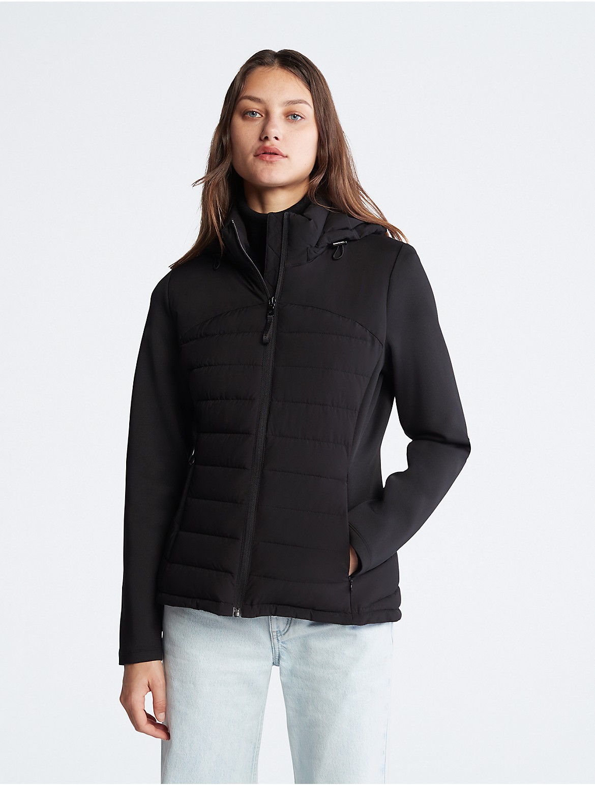 Calvin Klein Women's Mixed Media Puffer Jacket - Black - L