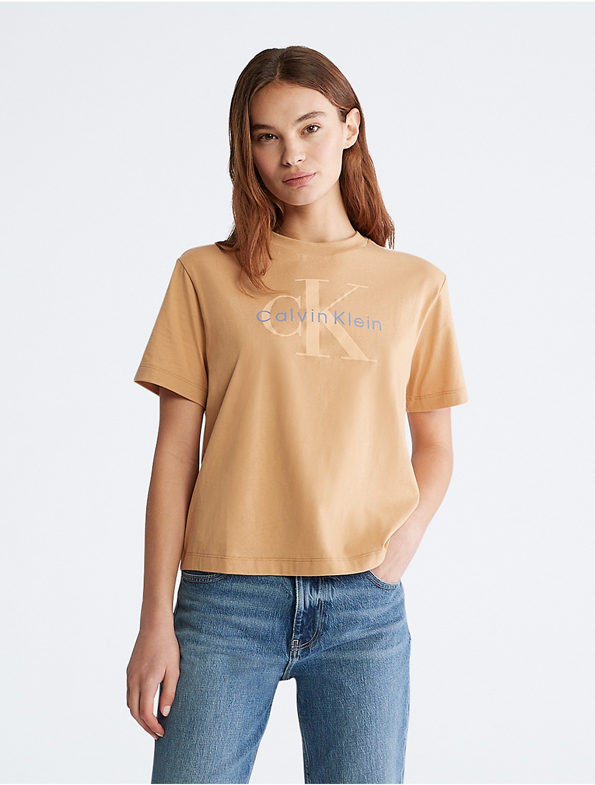 Calvin Klein Women's Monogram Logo Boxy Crewneck T-Shirt - Brown - XS