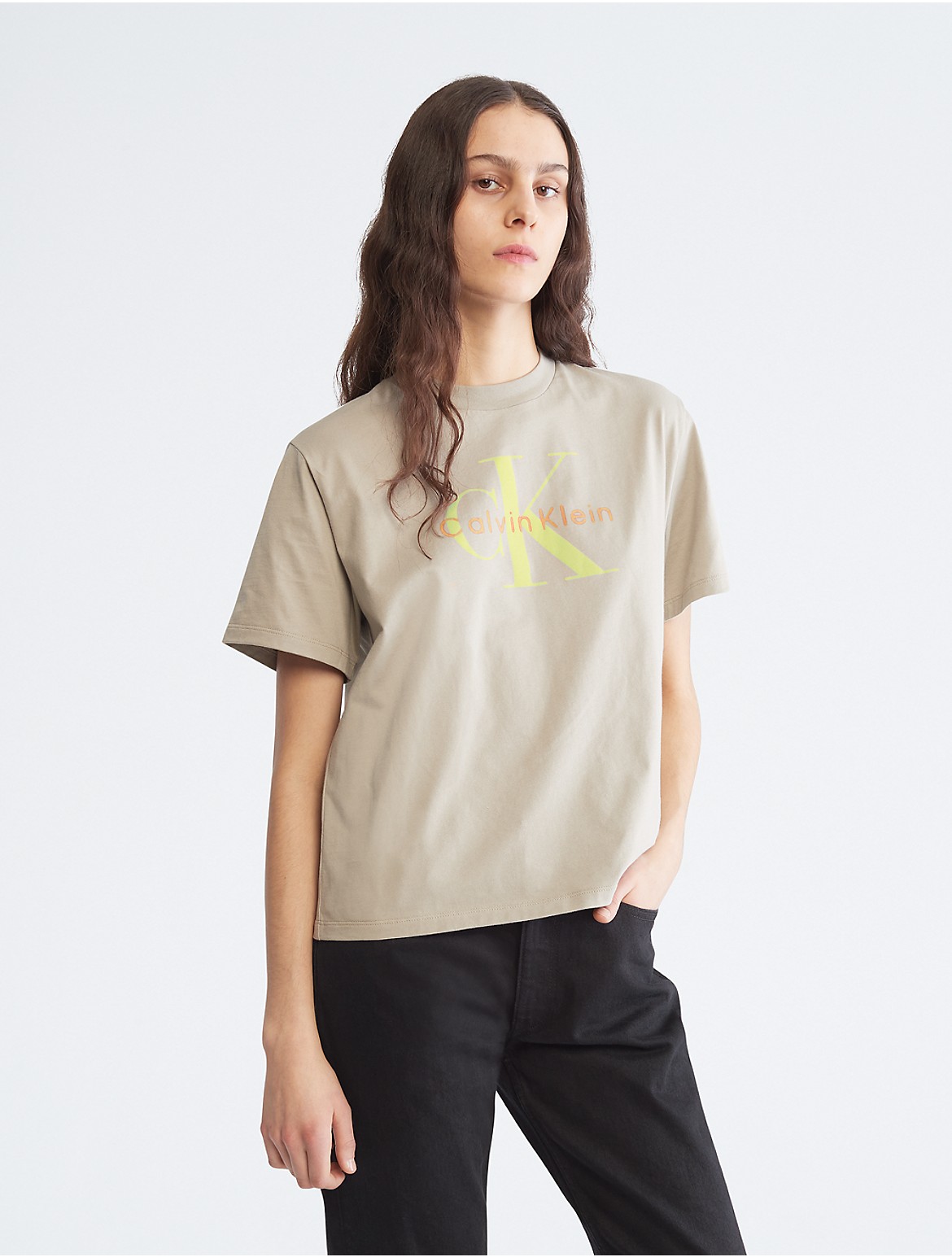 Calvin Klein Women's Monogram Logo Boxy Crewneck T-Shirt - Neutral - XL