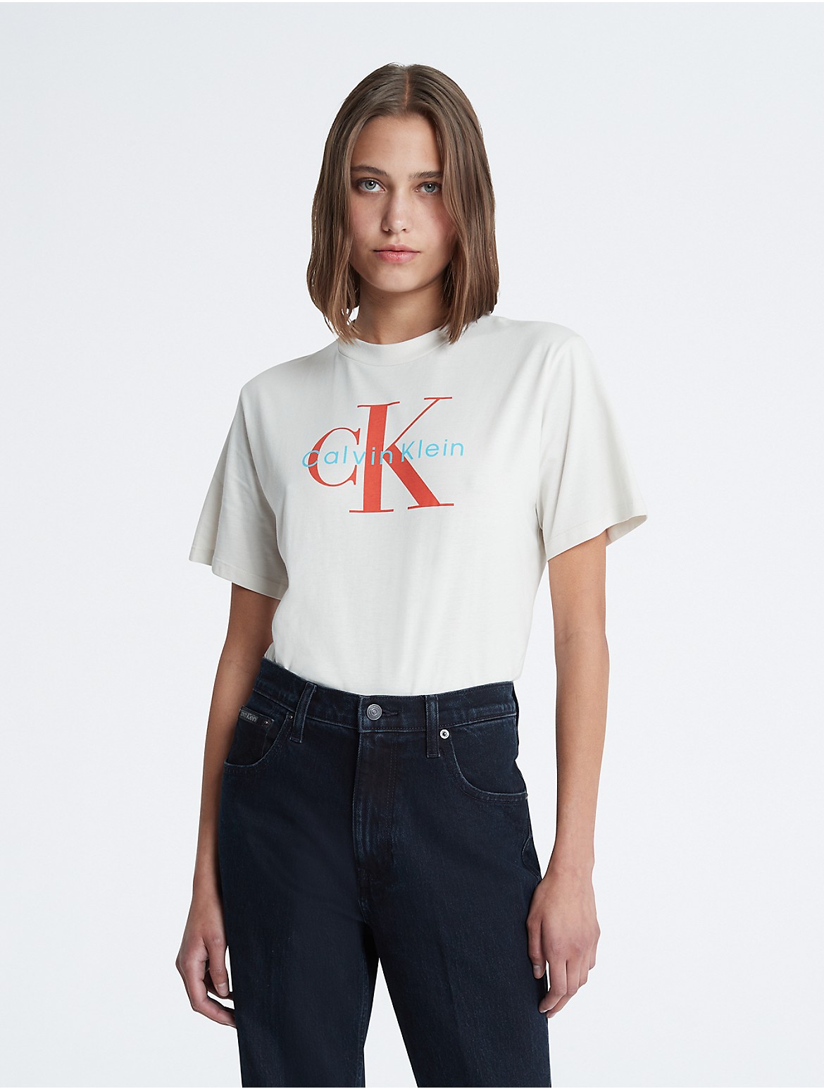Calvin Klein Women's Monogram Logo Boxy Crewneck T-Shirt - White - L