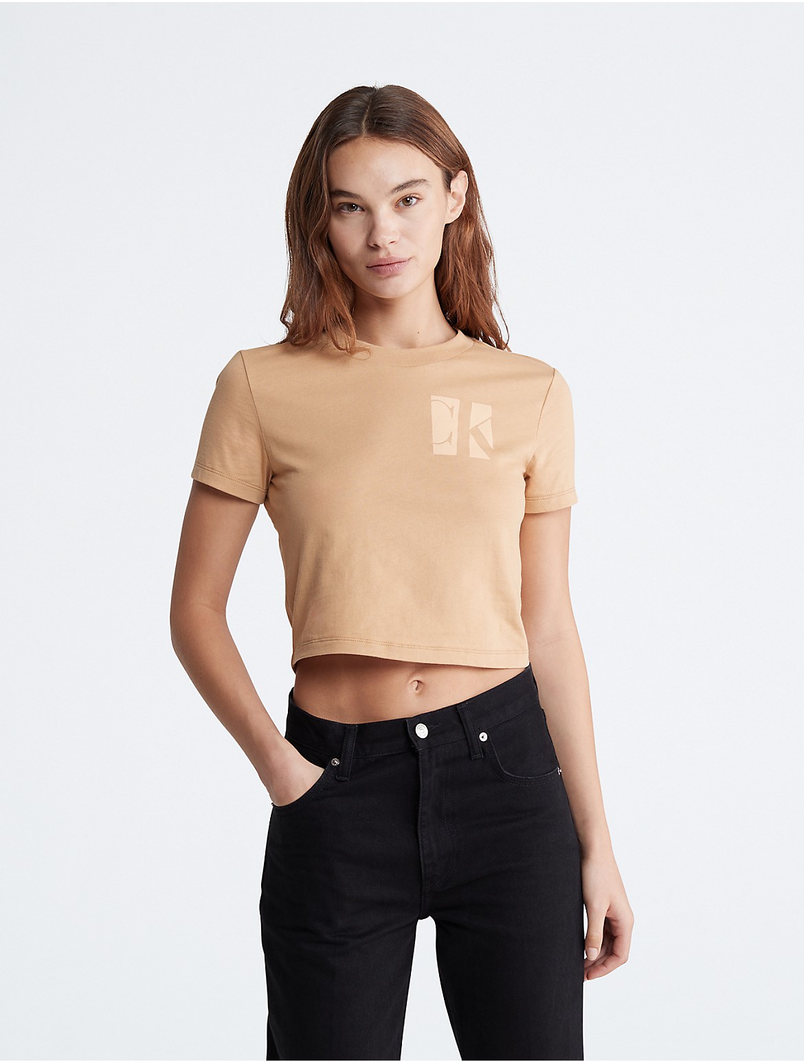 Calvin Klein Women's Monogram Logo Boxy Cropped T-Shirt - Brown - XS