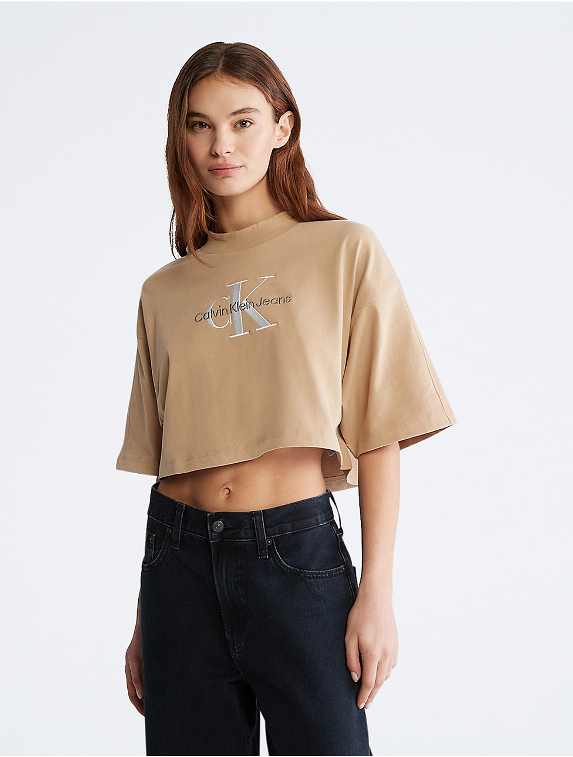 Calvin Klein Women's Monogram Logo Embroidery Cropped T-Shirt - Brown - XS